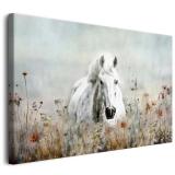 Romantyczny obraz na płótnie: Biały Koń wśród polnych kwiatów |  Dekoracja ścienna w stylu boho, rustykalnym 20968 - miniaturka 1