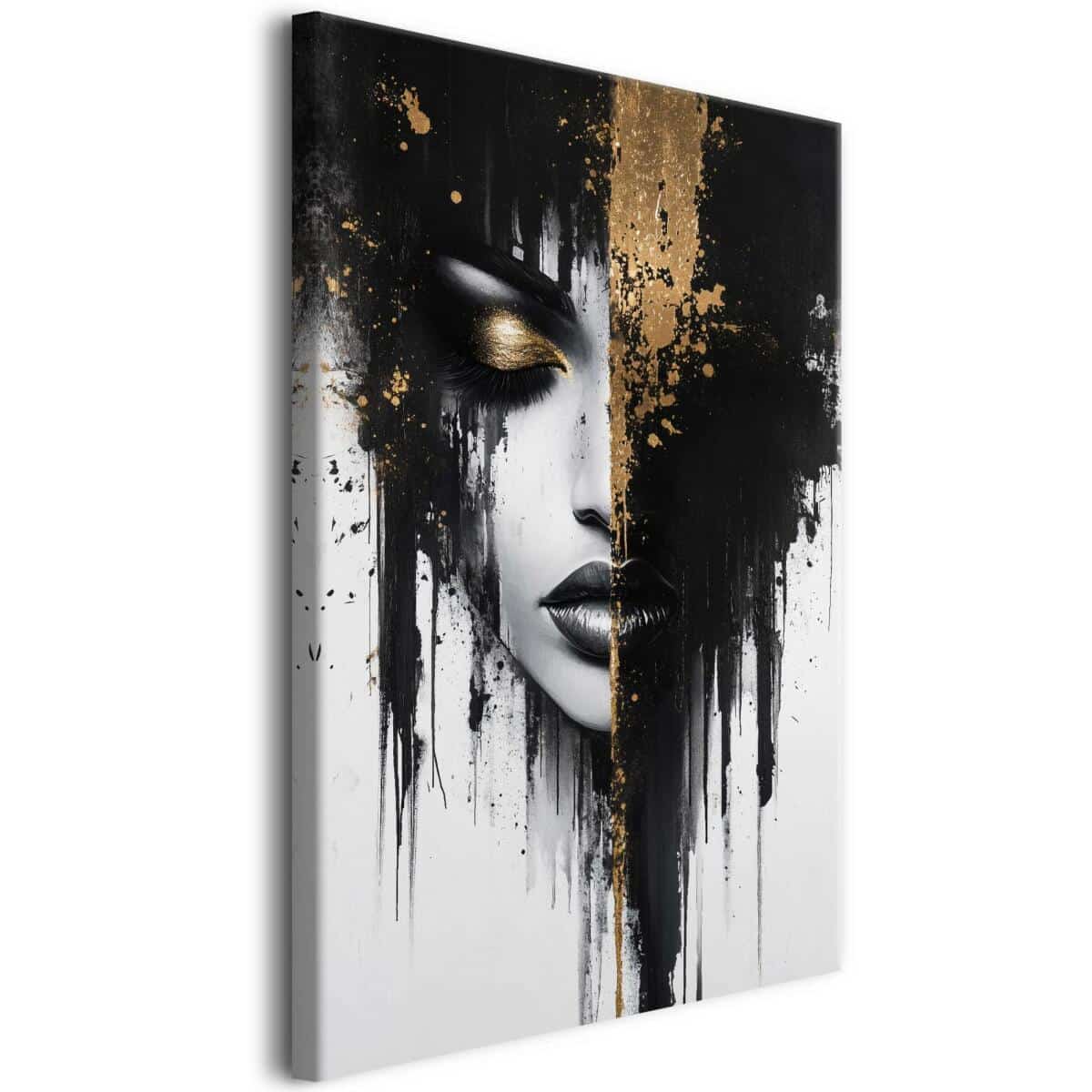 Ekskluzywny obraz na płótnie – Twarz kobiety w złocie i czerni | Designerska dekoracja ścienna glamour 94052