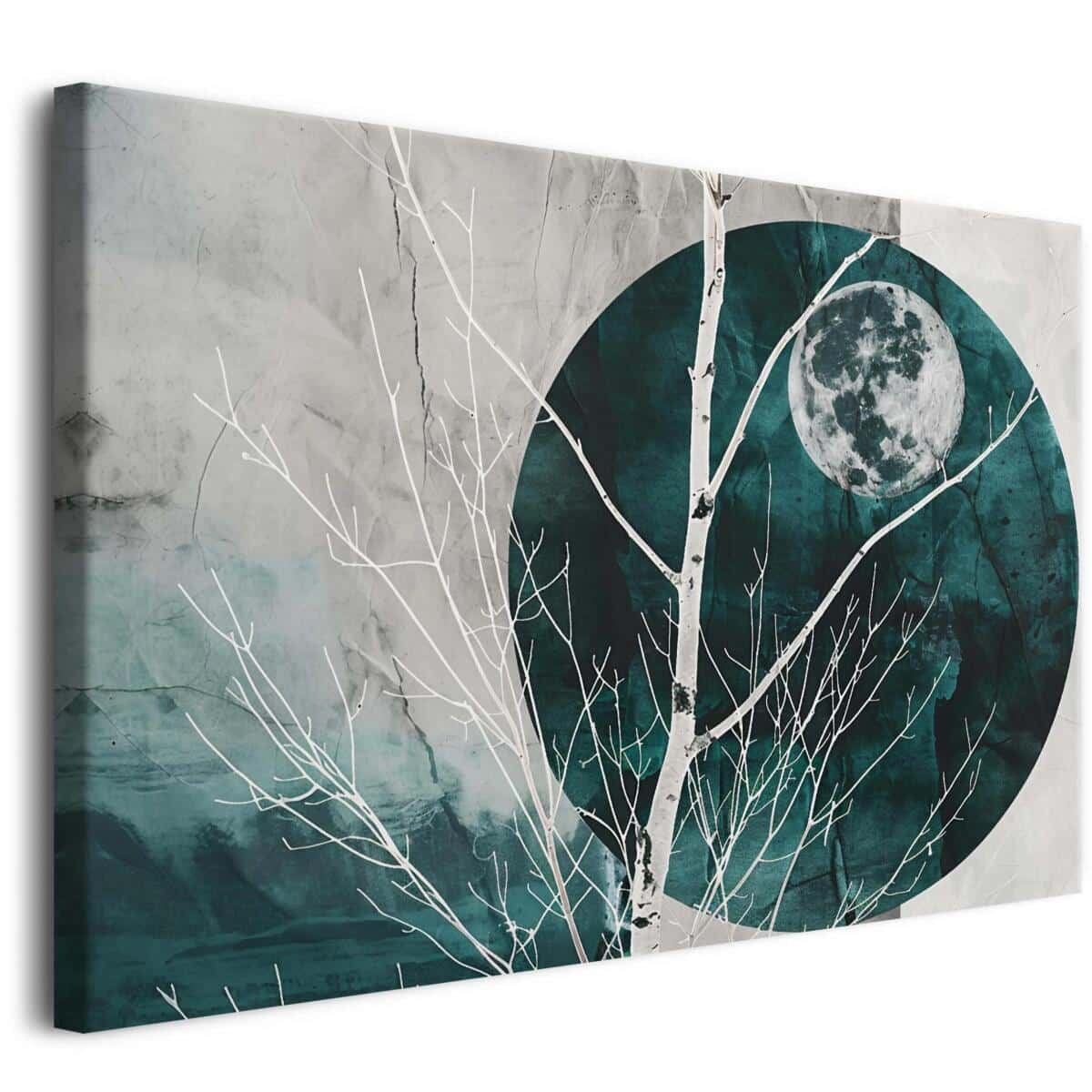 Minimalistyczny Obraz z Księżycem i Drzewem | Nowoczesna dekoracja w odcieniach zieleni i szarości 68101