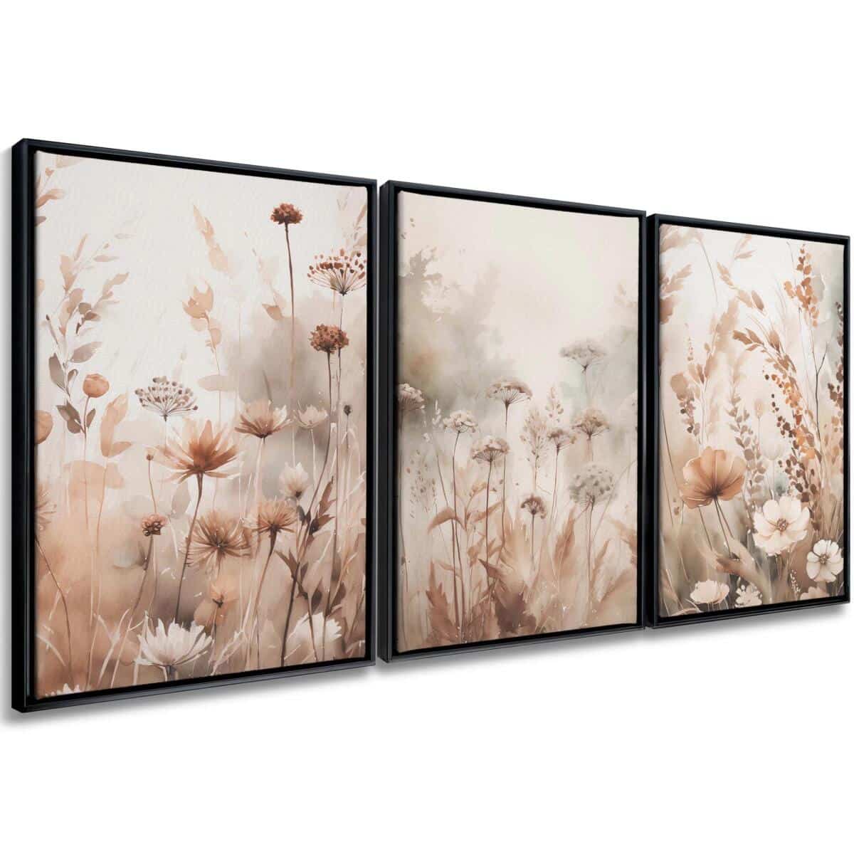 Obrazy w Ramie American Box | Tryptyk na płótnie- akwarelowa łąka | Subtelna, naturalna dekoracja ścienna do wnętrz boho, rustykalnych R20877