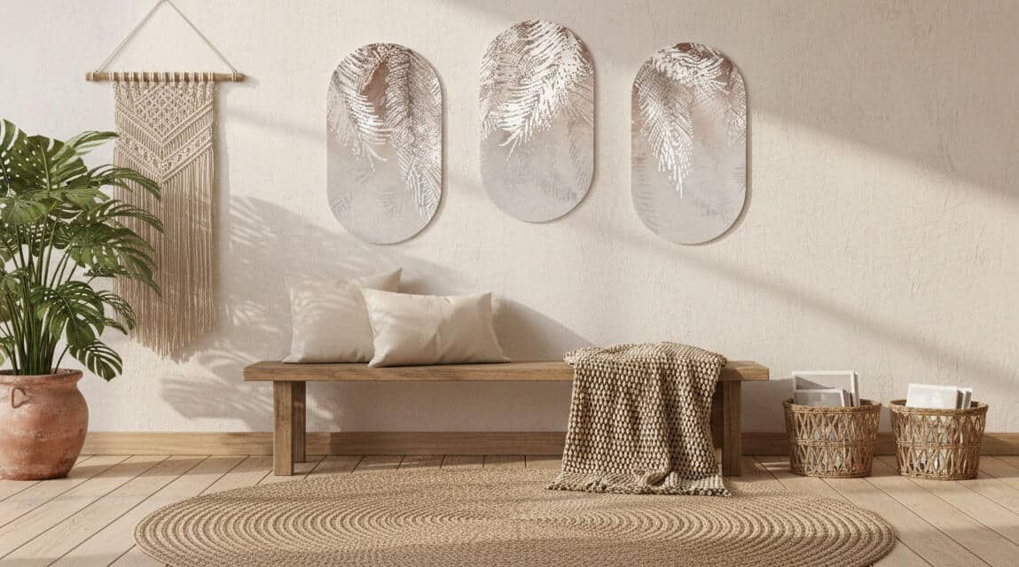 Beżowe Obrazy Boho- Tropikalne Liście | Nowoczesny Tryptyk na ścianę 82377 - zdjęcie 4