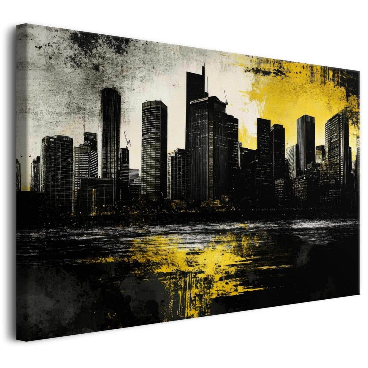 Nowoczesny Obraz na Płótnie – Wieżowce Nocą, Styl Industrialny | Żółto-Czarna Panorama Miasta 68169