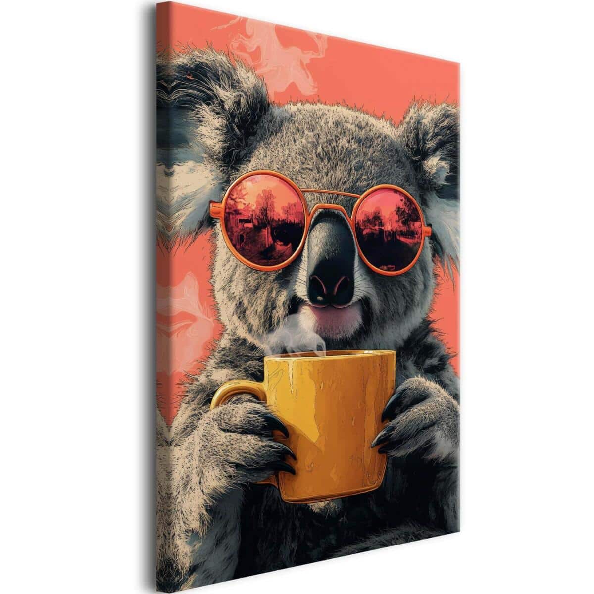 Śmieszny obraz na płótnie – Koala z kubkiem kawy | Dekoracja ścienna do pokoju nastolatka, kuchni, kawiarni O94118