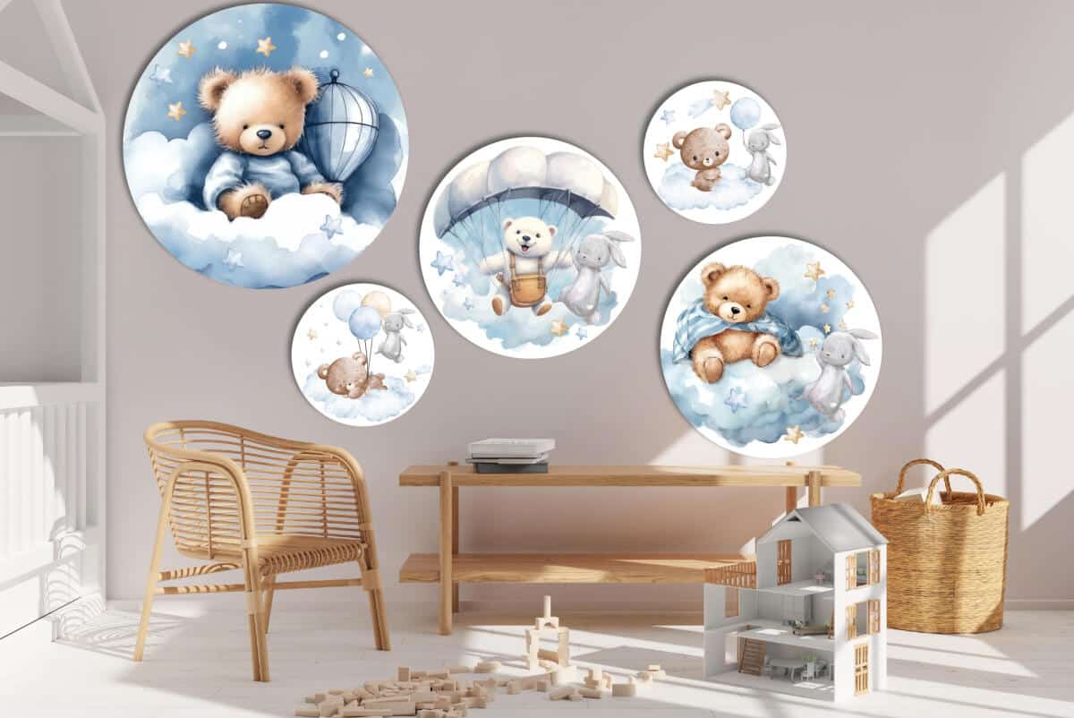 Okrągłe obrazy dla dzieci- Misie na chmurkach | Niebieskie obrazki do pokoju chłopca 42189 - zdjęcie 5