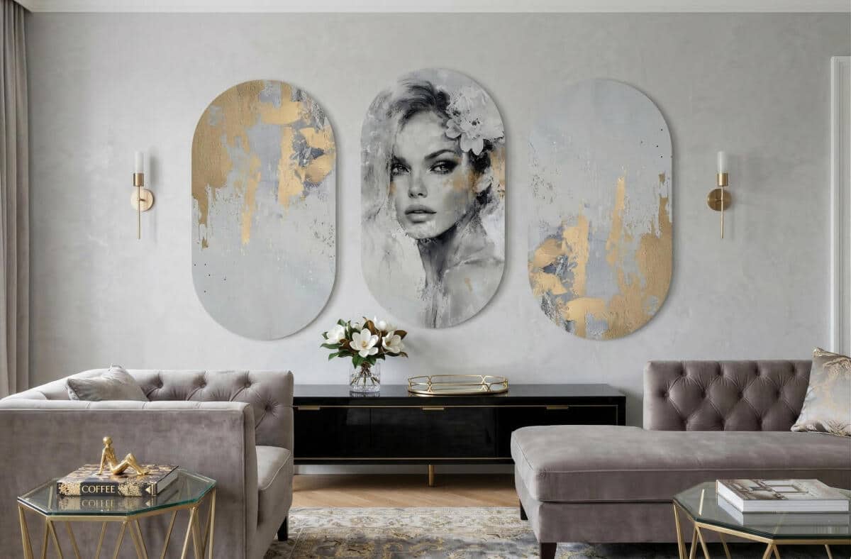 Luksusowy Tryptyk- Portret Kobiety w Szarościach i Złocie | Obrazy Owalne 82398 - zdjęcie 6