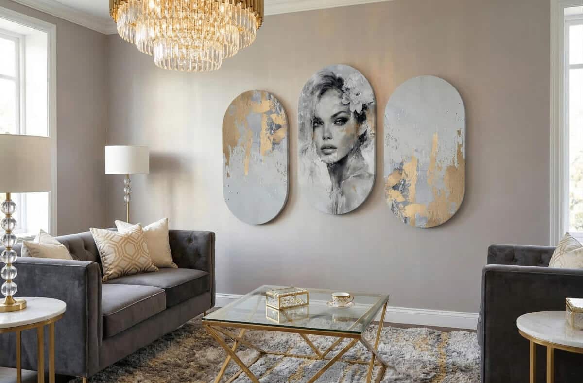 Luksusowy Tryptyk- Portret Kobiety w Szarościach i Złocie | Obrazy Owalne 82398 - zdjęcie 2