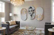 Luksusowy Tryptyk- Portret Kobiety w Szarościach i Złocie | Obrazy Owalne 82398 - miniaturka 2