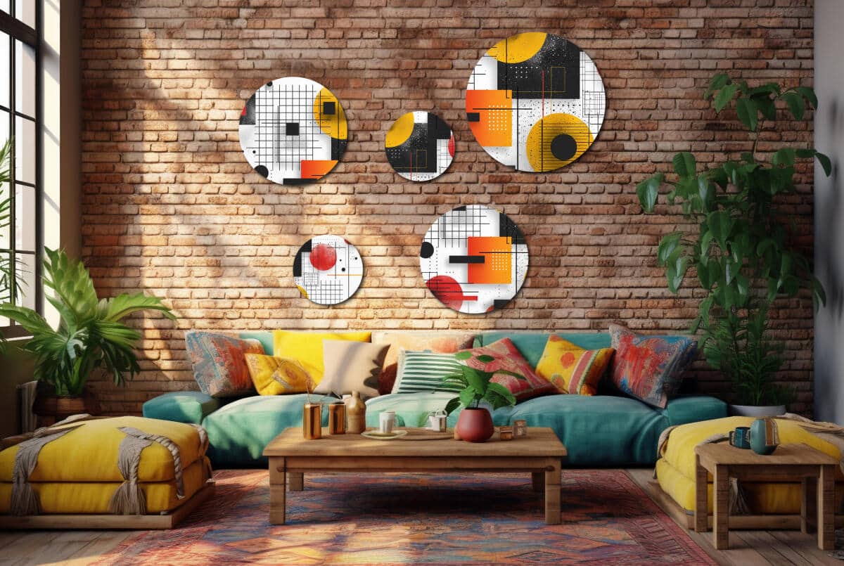 Designerski Komplet Obrazów Koła – Żółta i Pomarańczowa Geometria | Nowoczesna ozdoba na ścianę do biura | Wall art  42207 - zdjęcie 5