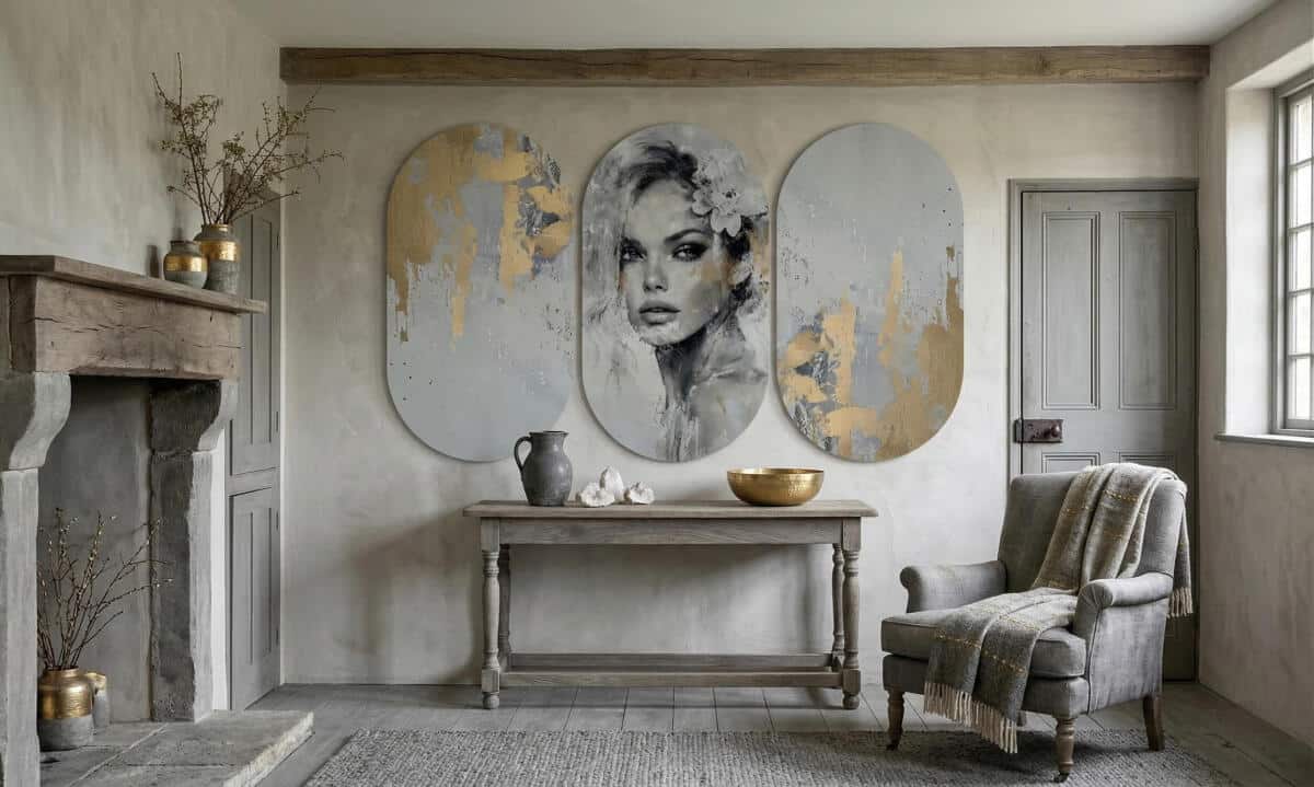 Luksusowy Tryptyk- Portret Kobiety w Szarościach i Złocie | Obrazy Owalne 82398 - zdjęcie 5