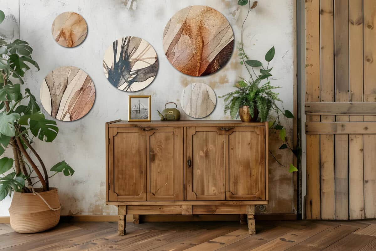 Nowoczesne Obrazy Okrągłe – Beżowa Abstrakcja | Zestaw 5 sztuk w kolorach ziemi | Dekoracja do salonu i sypialni 42214 - zdjęcie 7