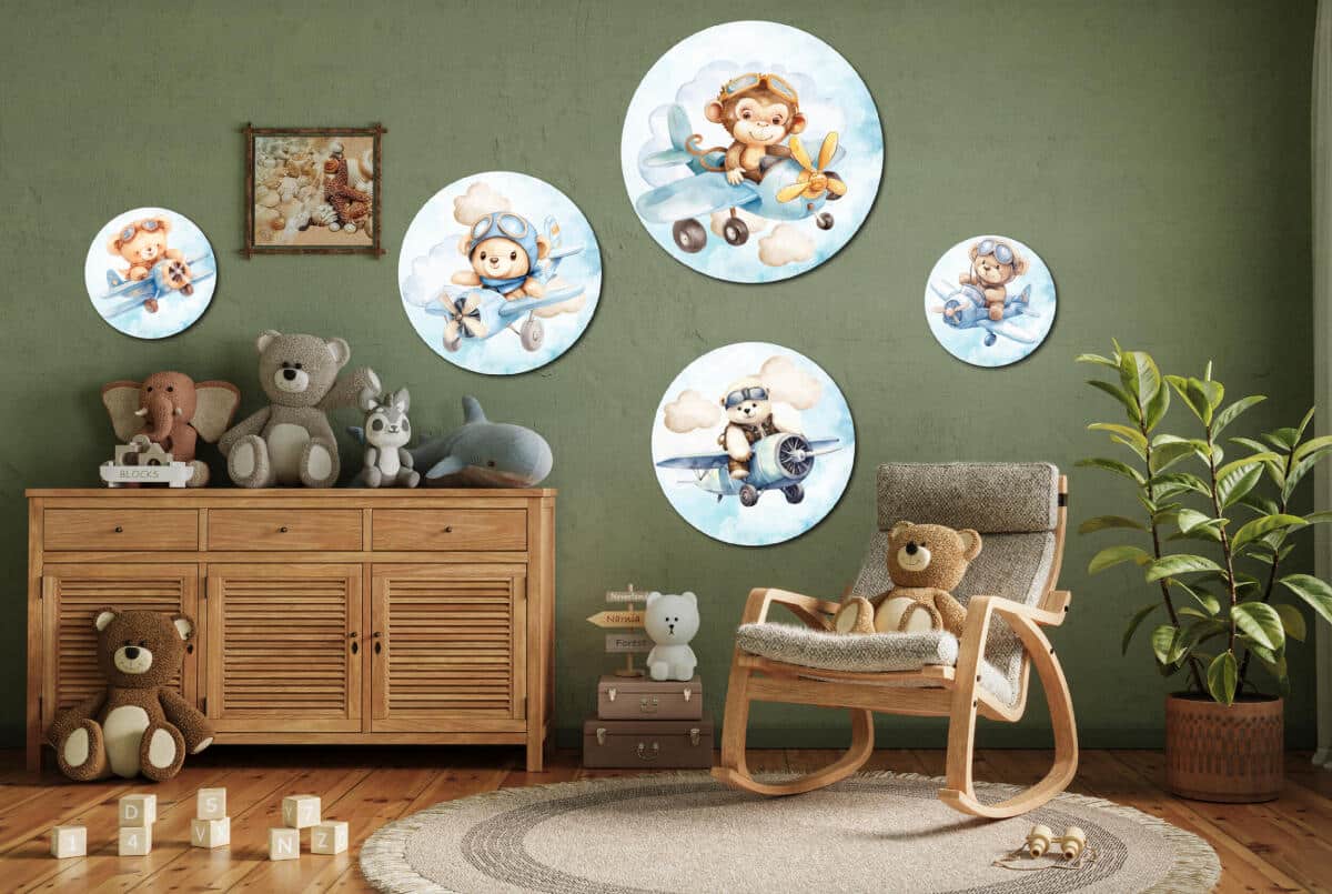 Uroczy Miś i Małpka w Samolocie - Zestaw Okrągły | Akwarelowe ozdoby na ścianę do pokoju dziecka | Błękitna dekoracja 42194 - zdjęcie 7
