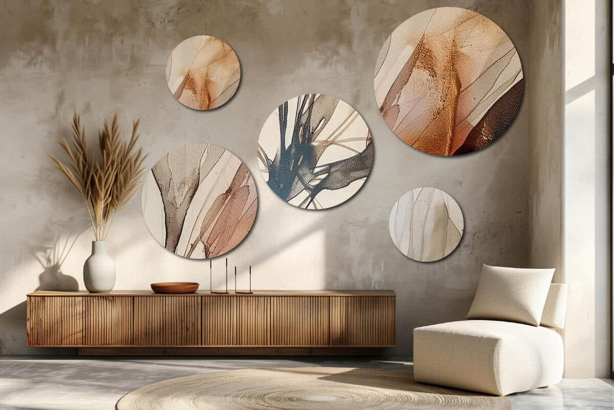 Nowoczesne Obrazy Okrągłe – Beżowa Abstrakcja | Zestaw 5 sztuk w kolorach ziemi | Dekoracja do salonu i sypialni 42214 - zdjęcie 2