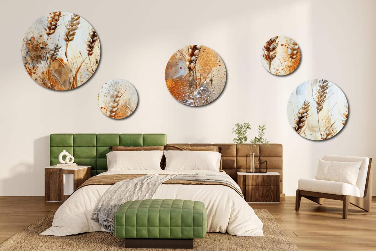 Artystyczne Obrazy Okrągłe - Złote Kłosy Zbóż | Rustykalna dekoracja do jadalni | Malarska abstrakcja roślinna 42210 - zdjęcie 7