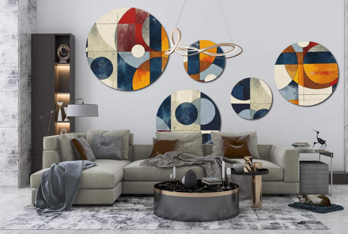 Nowoczesny Zestaw 5 Obrazów Okrągłych – Abstrakcja Geometryczna | Kolorowa ozdoba na ścianę do salonu loft | Dekoracja premium 42200 - zdjęcie 4