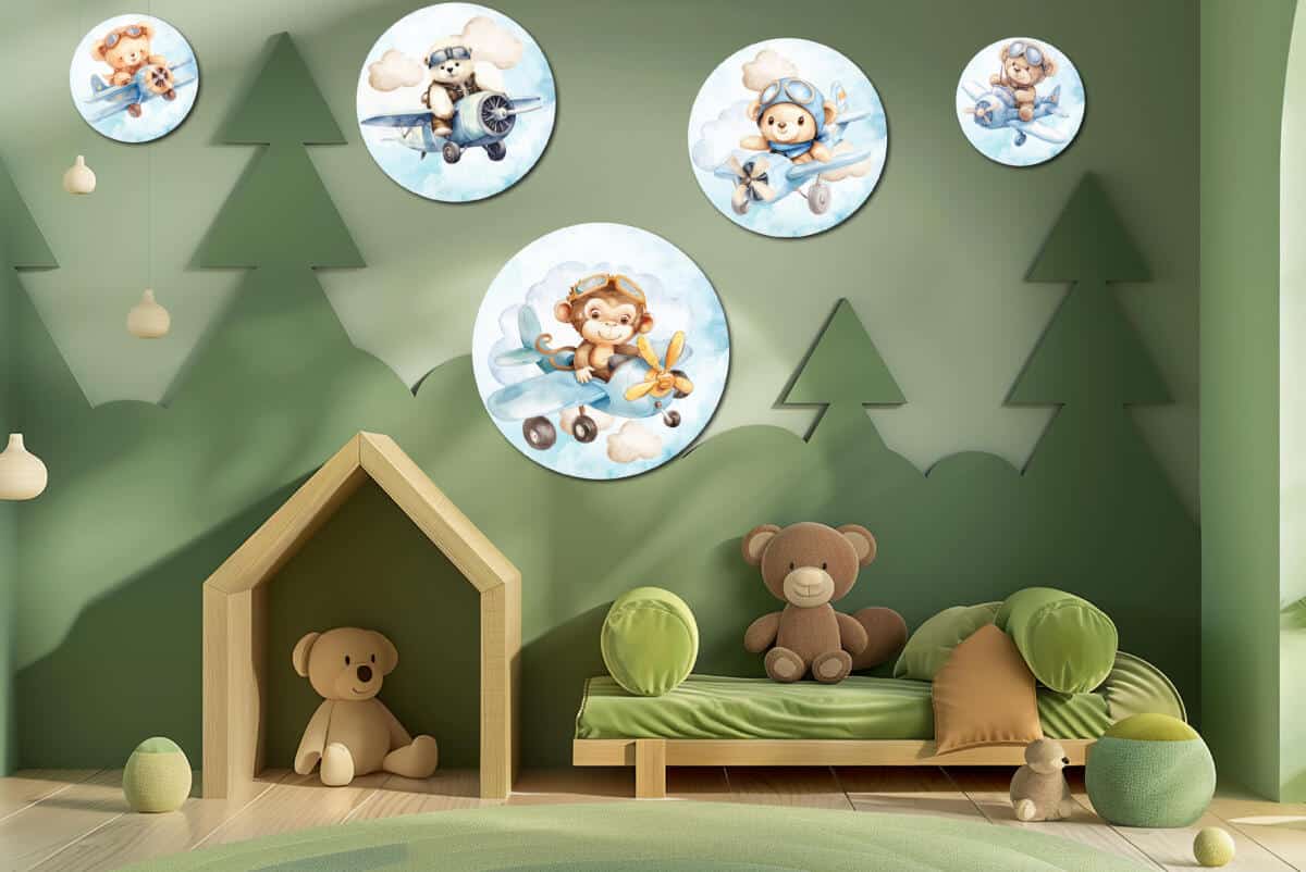 Uroczy Miś i Małpka w Samolocie - Zestaw Okrągły | Akwarelowe ozdoby na ścianę do pokoju dziecka | Błękitna dekoracja 42194 - zdjęcie 4