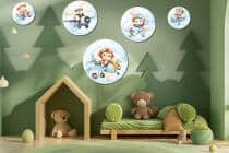 Uroczy Miś i Małpka w Samolocie - Zestaw Okrągły | Akwarelowe ozdoby na ścianę do pokoju dziecka | Błękitna dekoracja 42194 - miniaturka 4