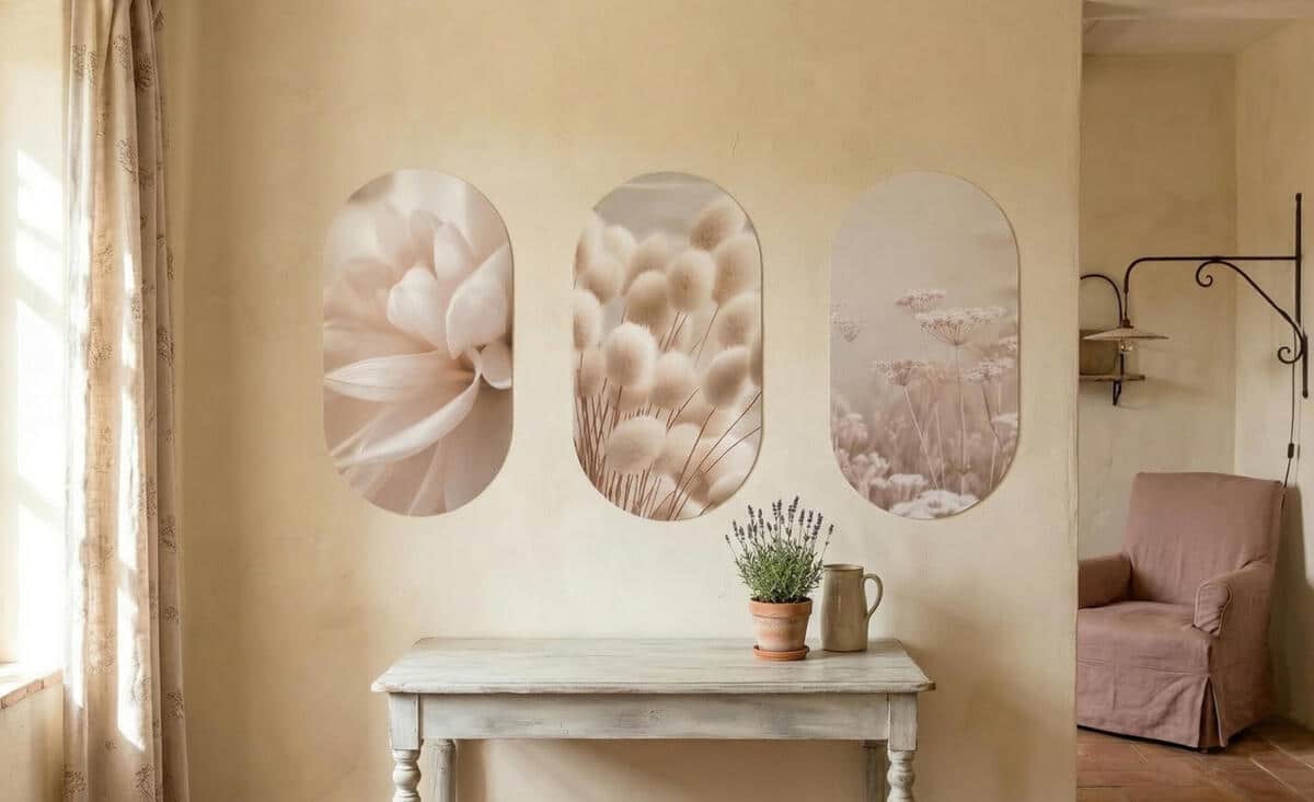 Beżowy Tryptyk w stylu Boho-  Trawy | Oryginalny Zestaw Obrazów w kształcie Elipsy 82395 - zdjęcie 6