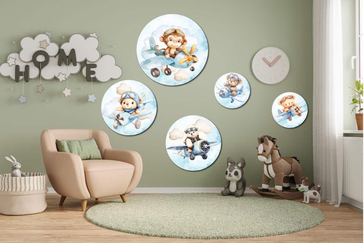 Uroczy Miś i Małpka w Samolocie - Zestaw Okrągły | Akwarelowe ozdoby na ścianę do pokoju dziecka | Błękitna dekoracja 42194 - zdjęcie 5