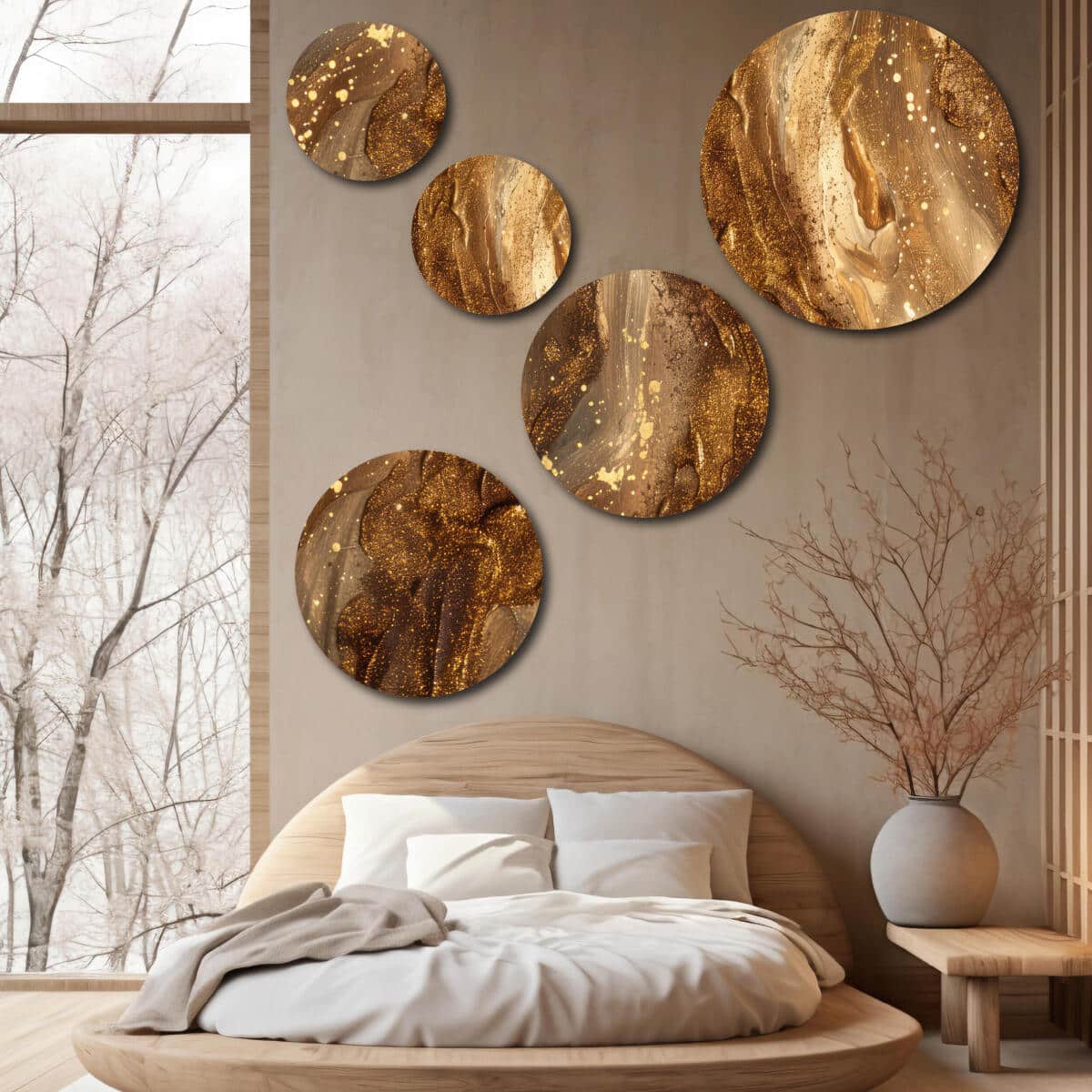 Zestaw obrazów na Ścianę - Efekt Złota i Miedzi | Nowoczesna abstrakcja do eleganckiego wnętrza | Ozdobne koła 42212 - zdjęcie 7