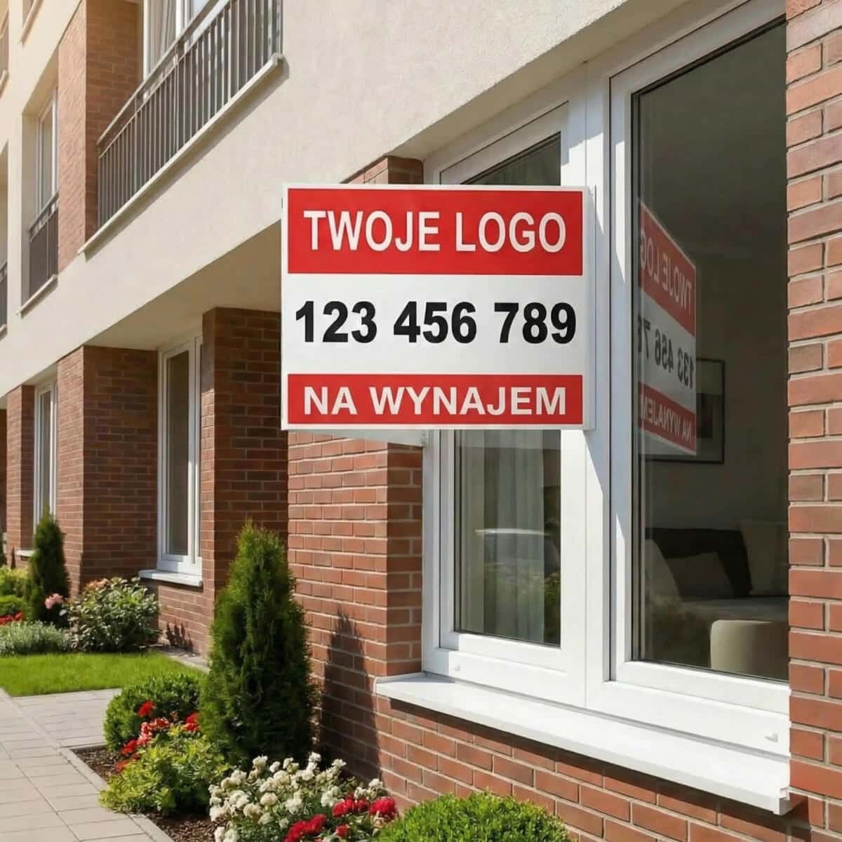 Baner 3D na okno- NA WYNAJEM | Reklama dla agentów i biur nieruchomości + Logo i Numer telefonu - zdjęcie 3