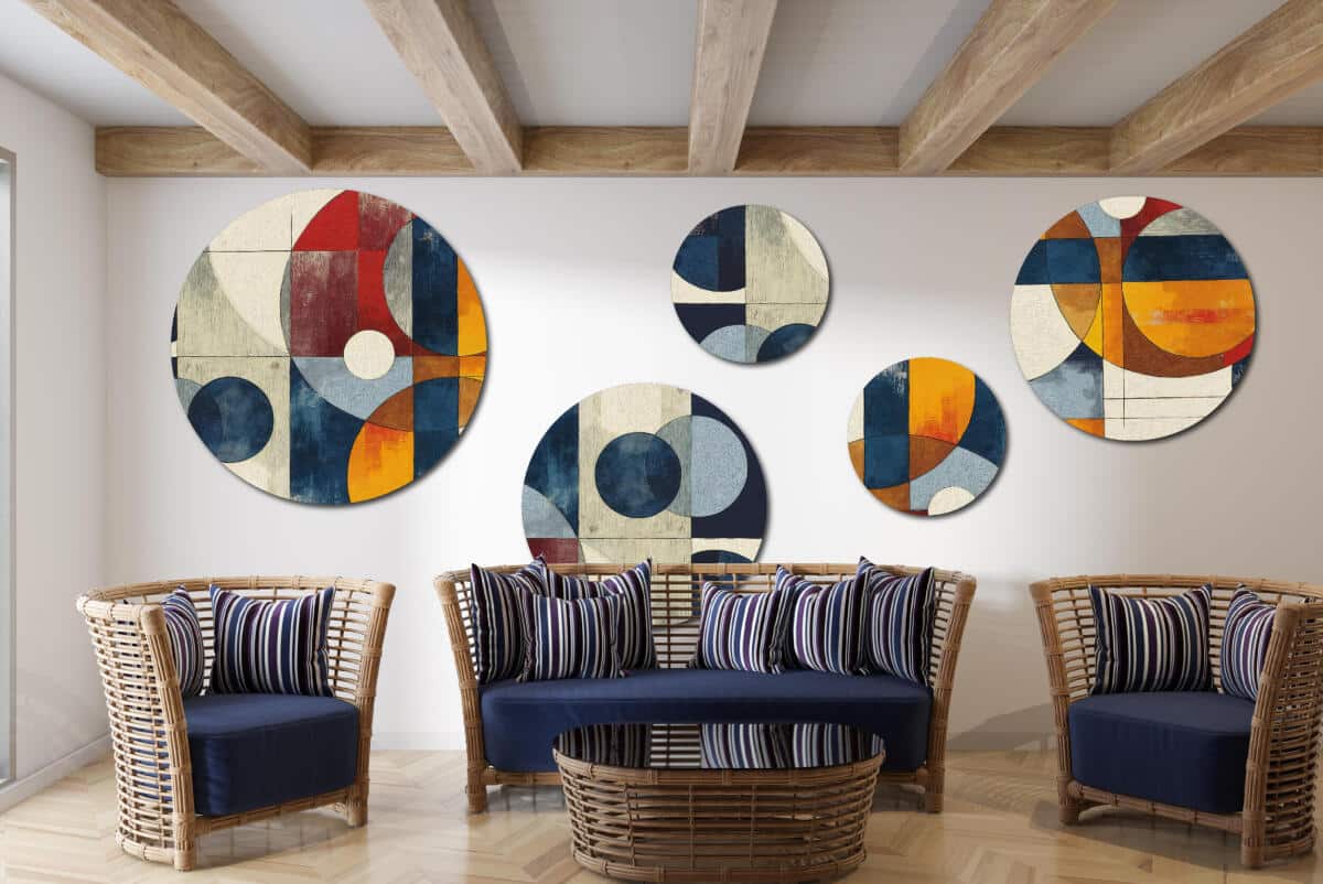 Nowoczesny Zestaw 5 Obrazów Okrągłych – Abstrakcja Geometryczna | Kolorowa ozdoba na ścianę do salonu loft | Dekoracja premium 42200 - zdjęcie 3