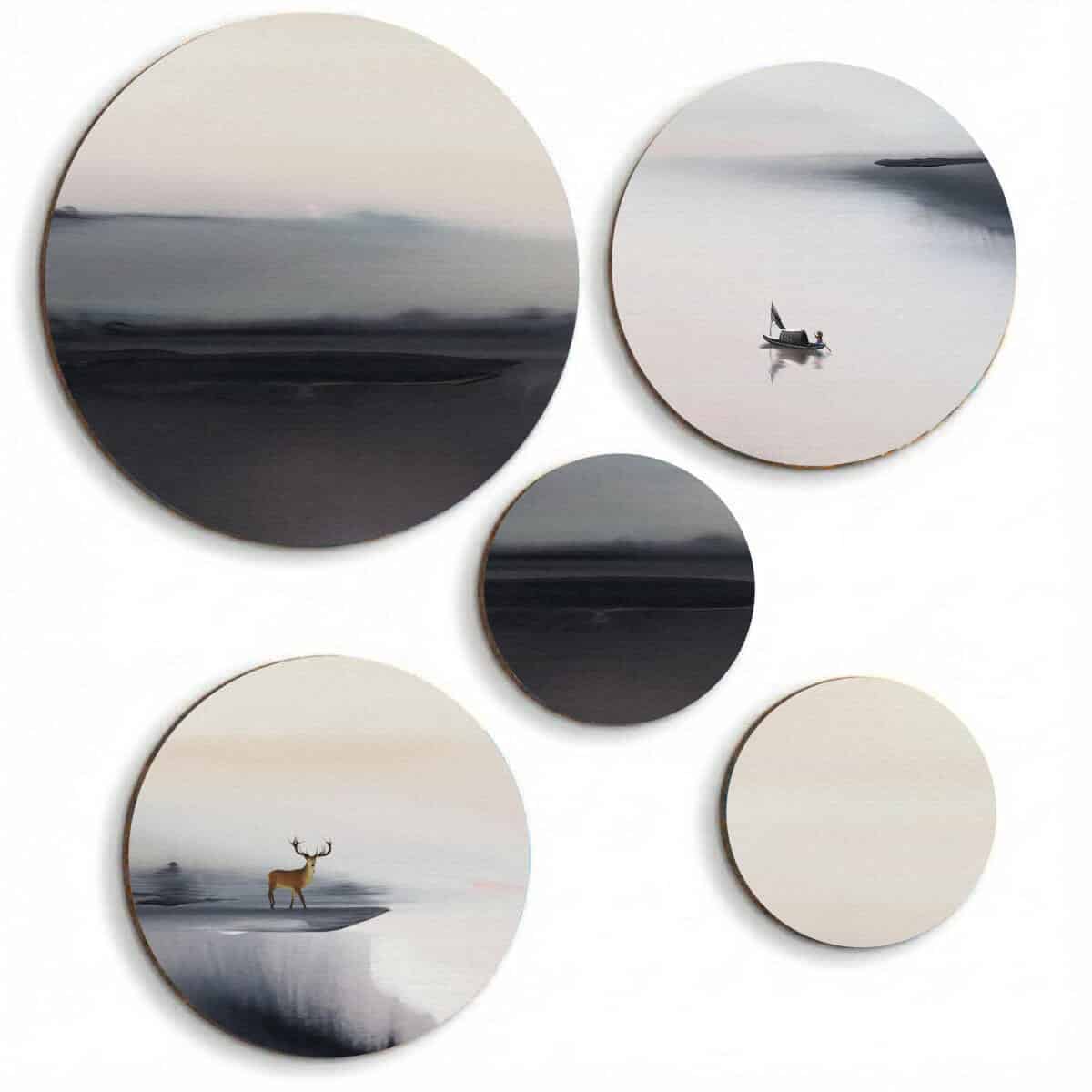 Elegancki Zestaw Obrazów Koła - Łódka na Wodzie i Mgła | Nowoczesna ozdoba ścienna w odcieniach szarości | Styl Skandynawski 42203 - zdjęcie 1