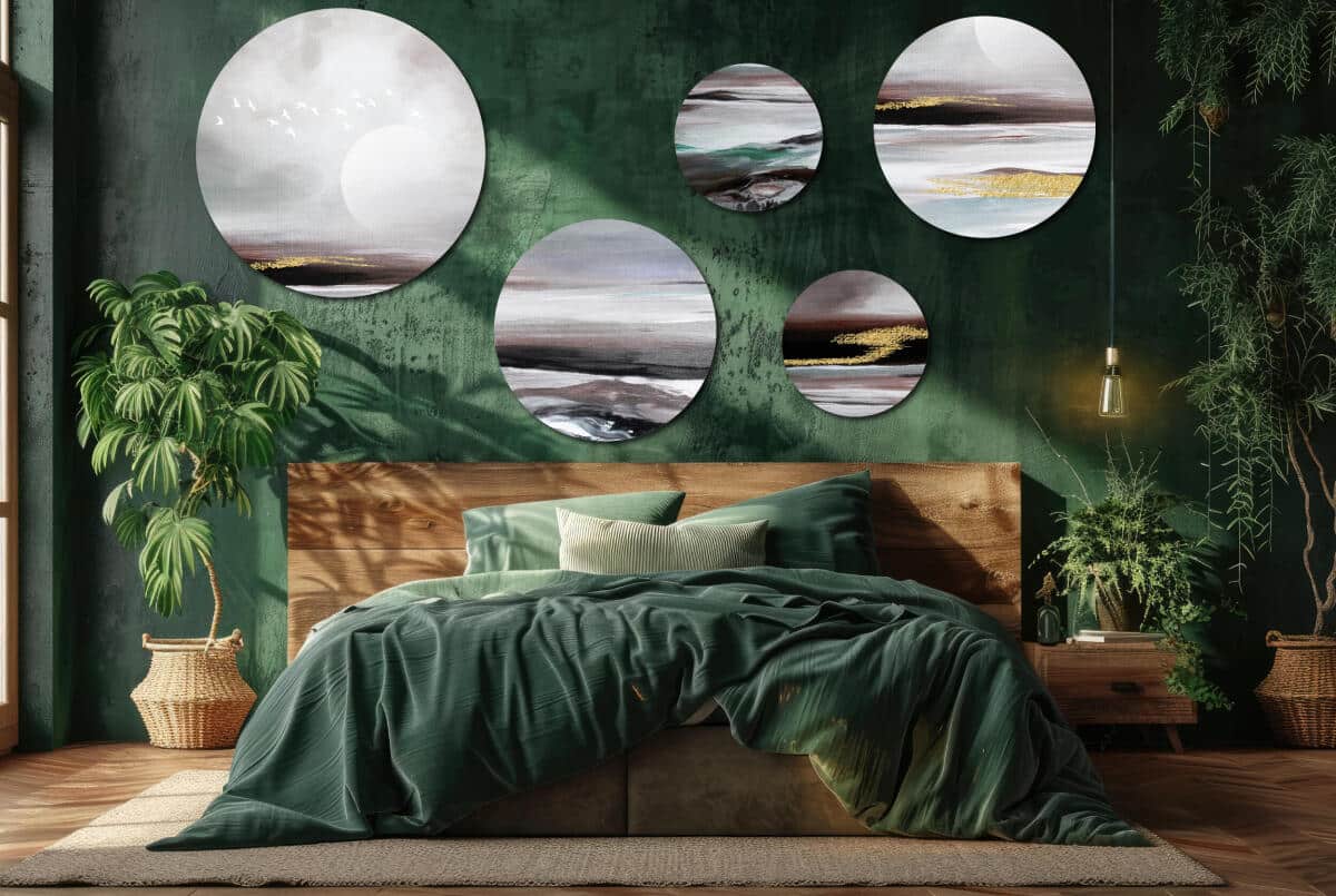 Minimalistyczne Obrazy Okrągłe – Krajobraz z Ptakami | Złota Abstrakcja na ścianę | Dekoracja do Salonu 42213 - zdjęcie 7