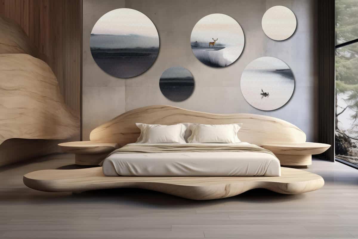 Elegancki Zestaw Obrazów Koła - Łódka na Wodzie i Mgła | Nowoczesna ozdoba ścienna w odcieniach szarości | Styl Skandynawski 42203 - zdjęcie 9