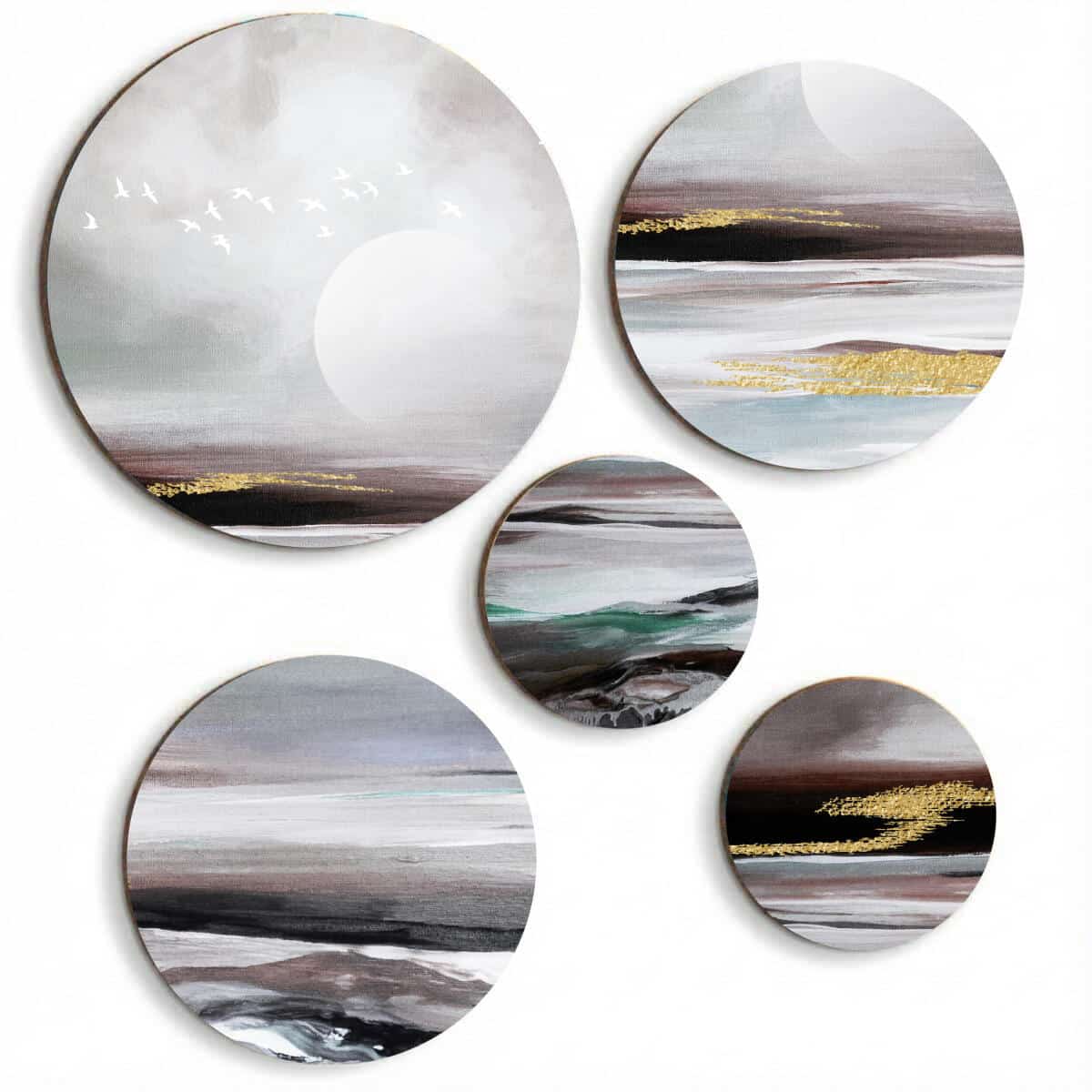 Minimalistyczne Obrazy Okrągłe – Krajobraz z Ptakami | Złota Abstrakcja na ścianę | Dekoracja do Salonu 42213 - zdjęcie 1