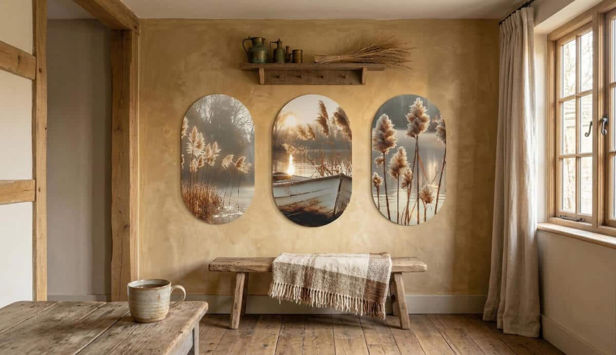 Owalne Obrazy na ścianę- Łódka na jeziorze | Klimatyczna dekoracja boho 82400 - zdjęcie 5