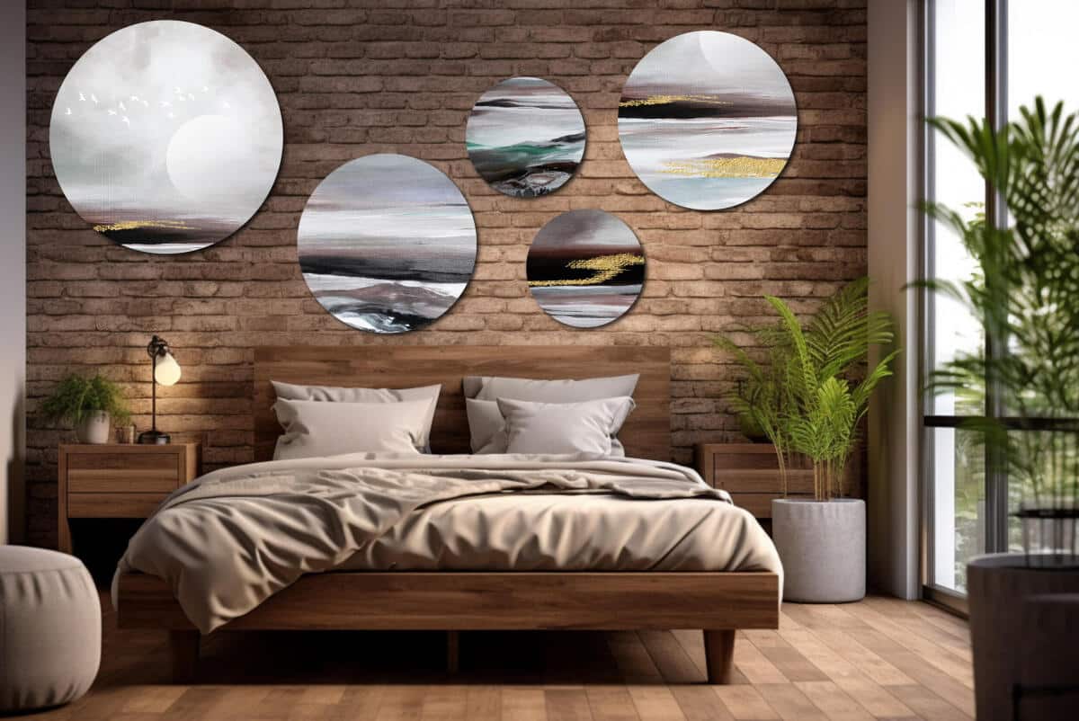 Minimalistyczne Obrazy Okrągłe – Krajobraz z Ptakami | Złota Abstrakcja na ścianę | Dekoracja do Salonu 42213 - zdjęcie 4