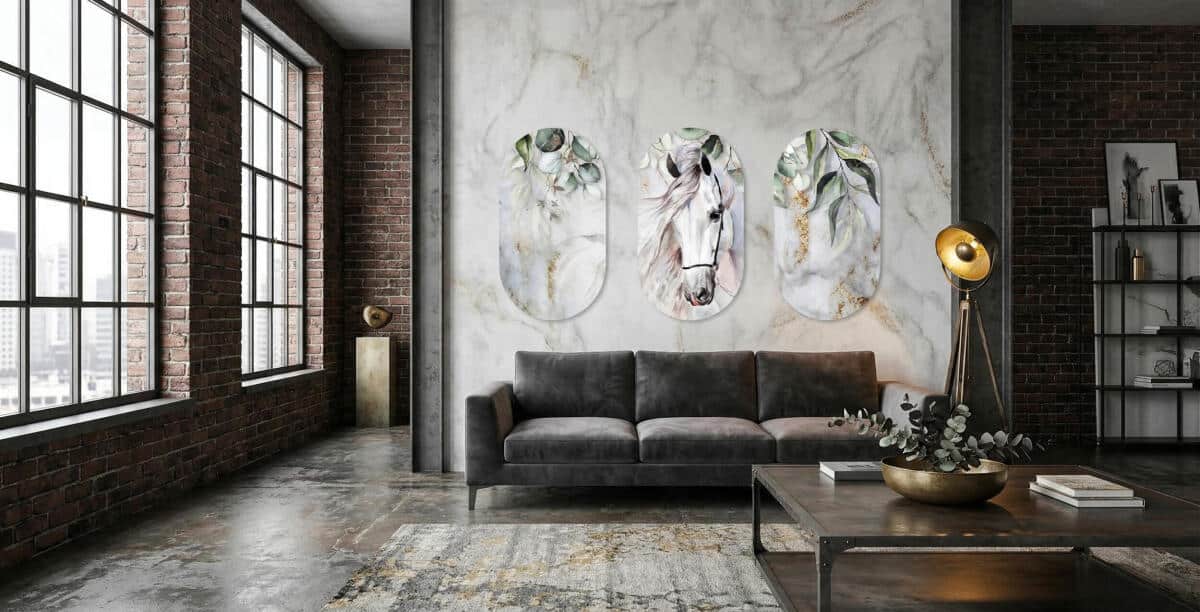 Nowoczesny Komplet 3 Obrazów Elipsy- Koń i Zielone Liście Akwarela 82397 - zdjęcie 5