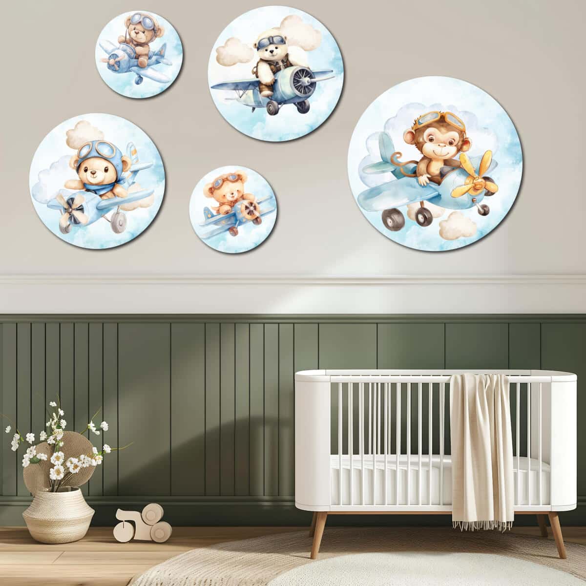Uroczy Miś i Małpka w Samolocie - Zestaw Okrągły | Akwarelowe ozdoby na ścianę do pokoju dziecka | Błękitna dekoracja 42194 - zdjęcie 6