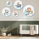 Uroczy Miś i Małpka w Samolocie - Zestaw Okrągły | Akwarelowe ozdoby na ścianę do pokoju dziecka | Błękitna dekoracja 42194 - miniaturka 6