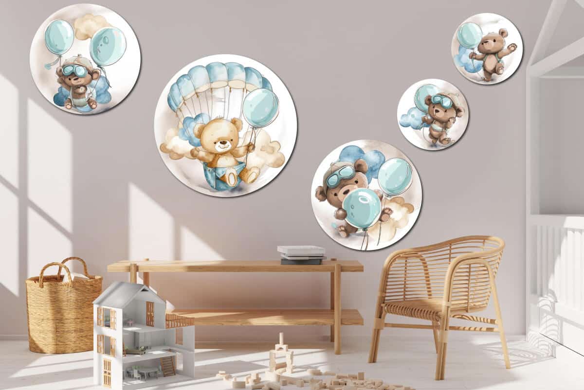 Akwarelowe Misie z Balonami i Spadochronem | Bajkowa ozdoba na ścianę dla dziecka | Zestaw obrazków koła 42195 - zdjęcie 6