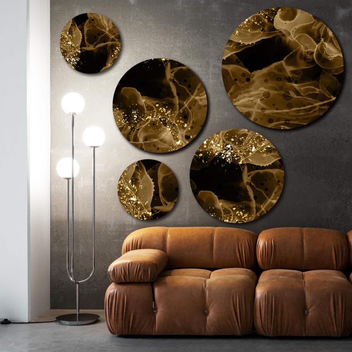 Abstrakcyjny Zestaw Ścienny Płynne Złoto | Eleganckie Obrazy Okrągłe Loft | Ozdoba w Stylu Glamour i Modern 42197 - zdjęcie 7
