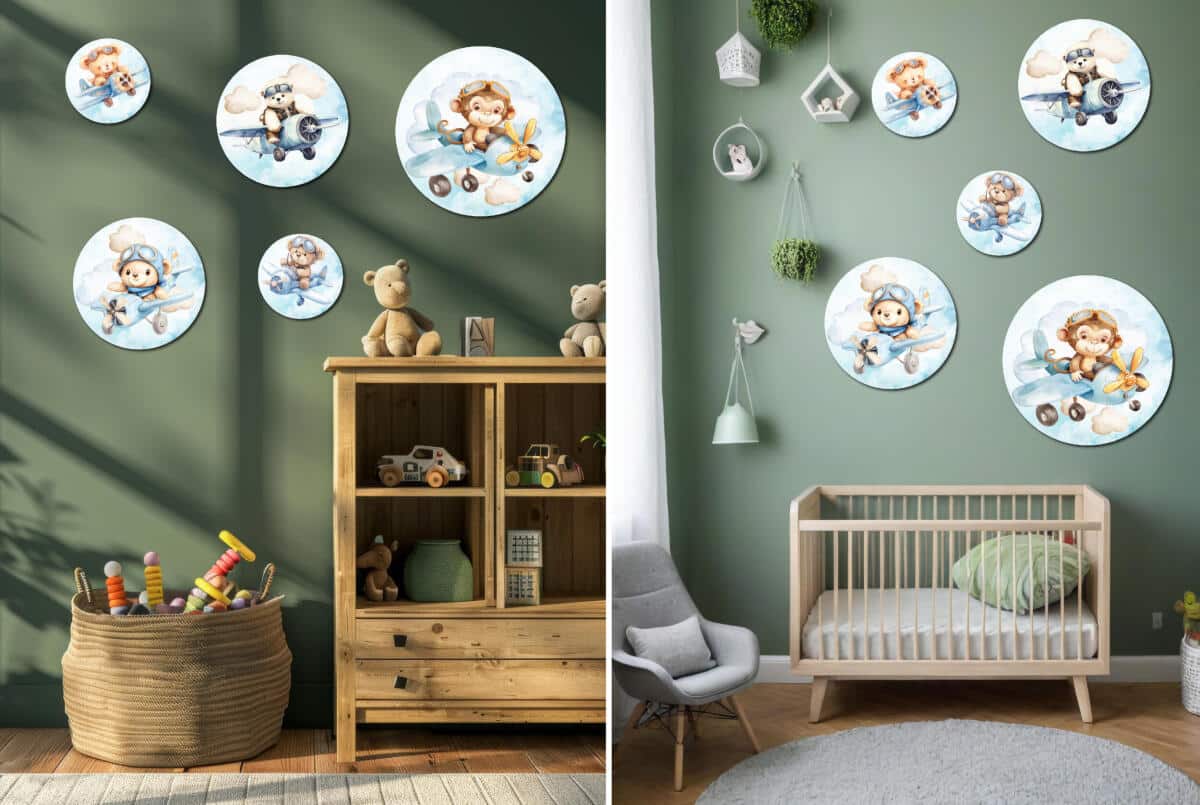 Uroczy Miś i Małpka w Samolocie - Zestaw Okrągły | Akwarelowe ozdoby na ścianę do pokoju dziecka | Błękitna dekoracja 42194 - zdjęcie 2