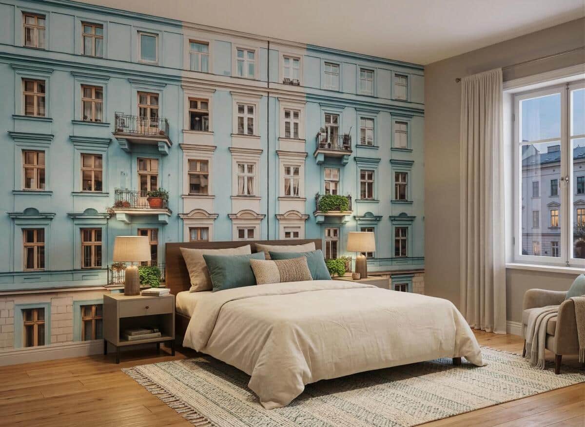 Fototapeta z widokiem na miasto- Stylowa Kamienica, Miejska architektura | Tapeta w stylu retro 51000 - zdjęcie 3