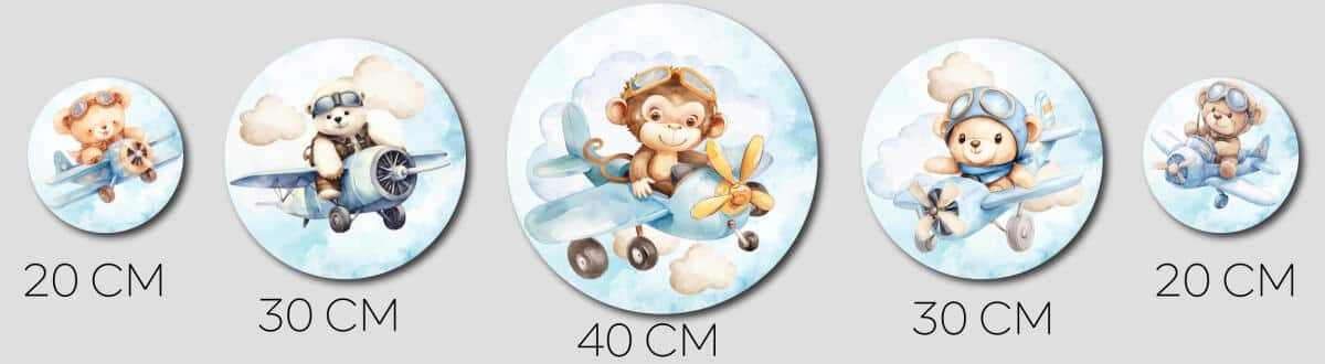 Uroczy Miś i Małpka w Samolocie - Zestaw Okrągły | Akwarelowe ozdoby na ścianę do pokoju dziecka | Błękitna dekoracja 42194 - zdjęcie 8