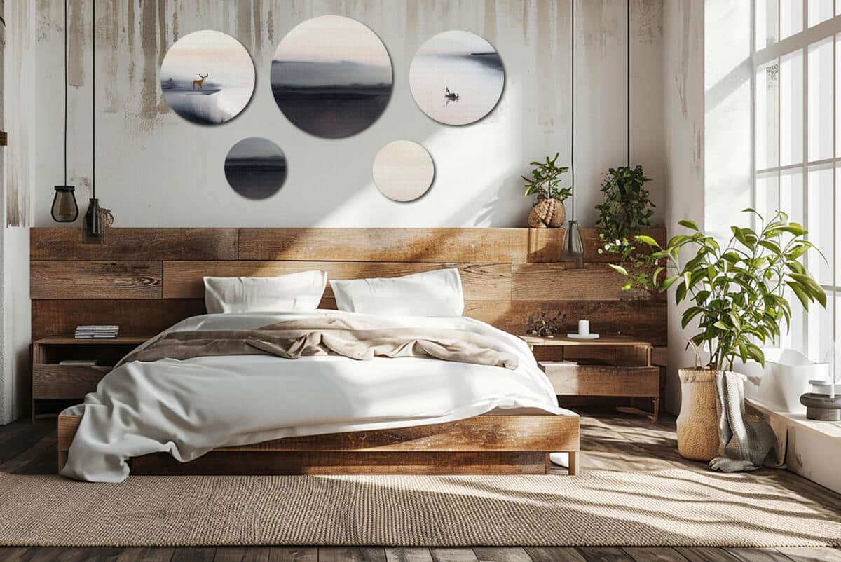 Elegancki Zestaw Obrazów Koła - Łódka na Wodzie i Mgła | Nowoczesna ozdoba ścienna w odcieniach szarości | Styl Skandynawski 42203 - zdjęcie 5