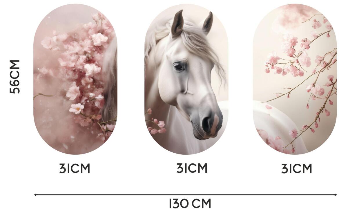 Zestaw obrazów owalnych- Biały Koń w Kwiatach Wiśni | Romantyczna dekoracja ścienna 82394 - zdjęcie 6