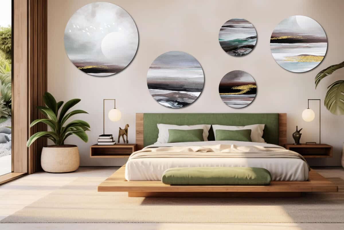 Minimalistyczne Obrazy Okrągłe – Krajobraz z Ptakami | Złota Abstrakcja na ścianę | Dekoracja do Salonu 42213 - zdjęcie 9