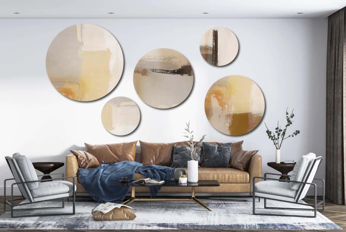 Nowoczesny Zestaw 5 Obrazów Okrągłych – Beżowa Abstrakcja | Piaskowa ozdoba na ścianę do salonu boho | Dekoracja premium 42205 - zdjęcie 4