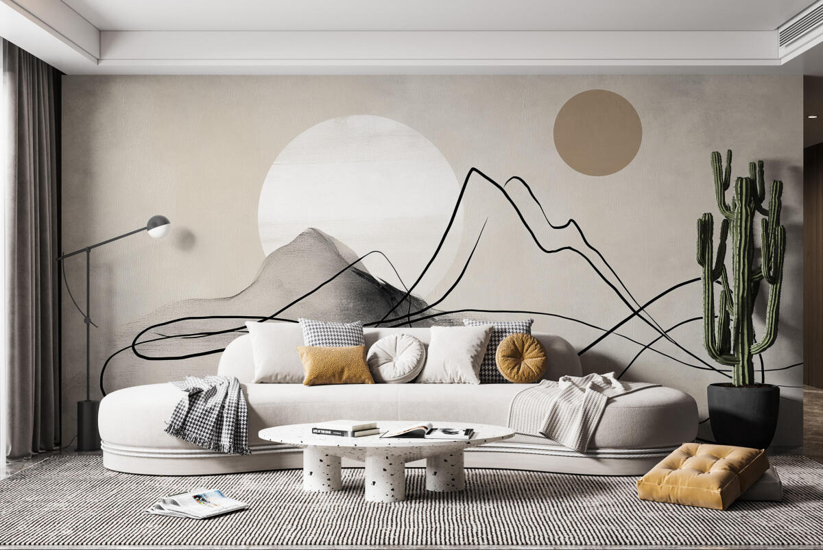 Beżowa Fototapeta do sypialni, salonu | Minimalistyczny Krajobraz- Góry Line Art 94256 - zdjęcie 2