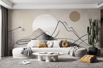 Beżowa Fototapeta do sypialni, salonu | Minimalistyczny Krajobraz- Góry Line Art 94256 - miniaturka 2