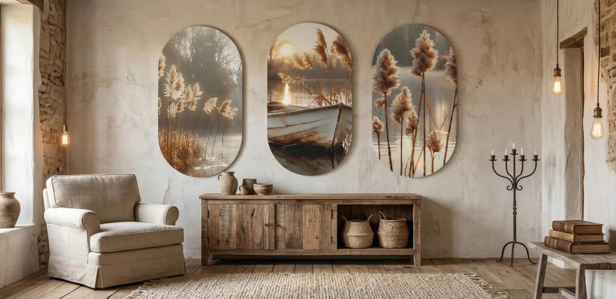 Owalne Obrazy na ścianę- Łódka na jeziorze | Klimatyczna dekoracja boho 82400 - zdjęcie 4