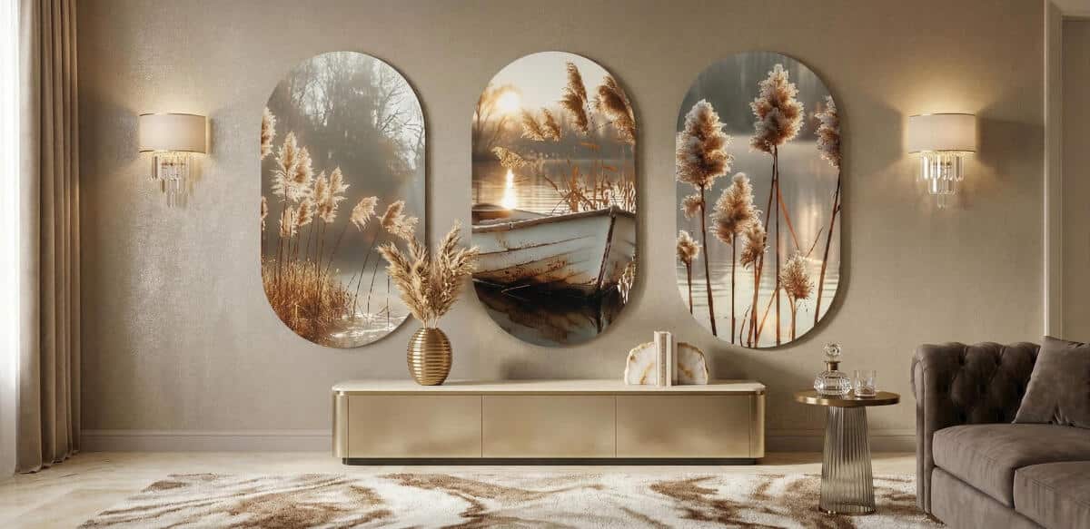 Owalne Obrazy na ścianę- Łódka na jeziorze | Klimatyczna dekoracja boho 82400 - zdjęcie 3