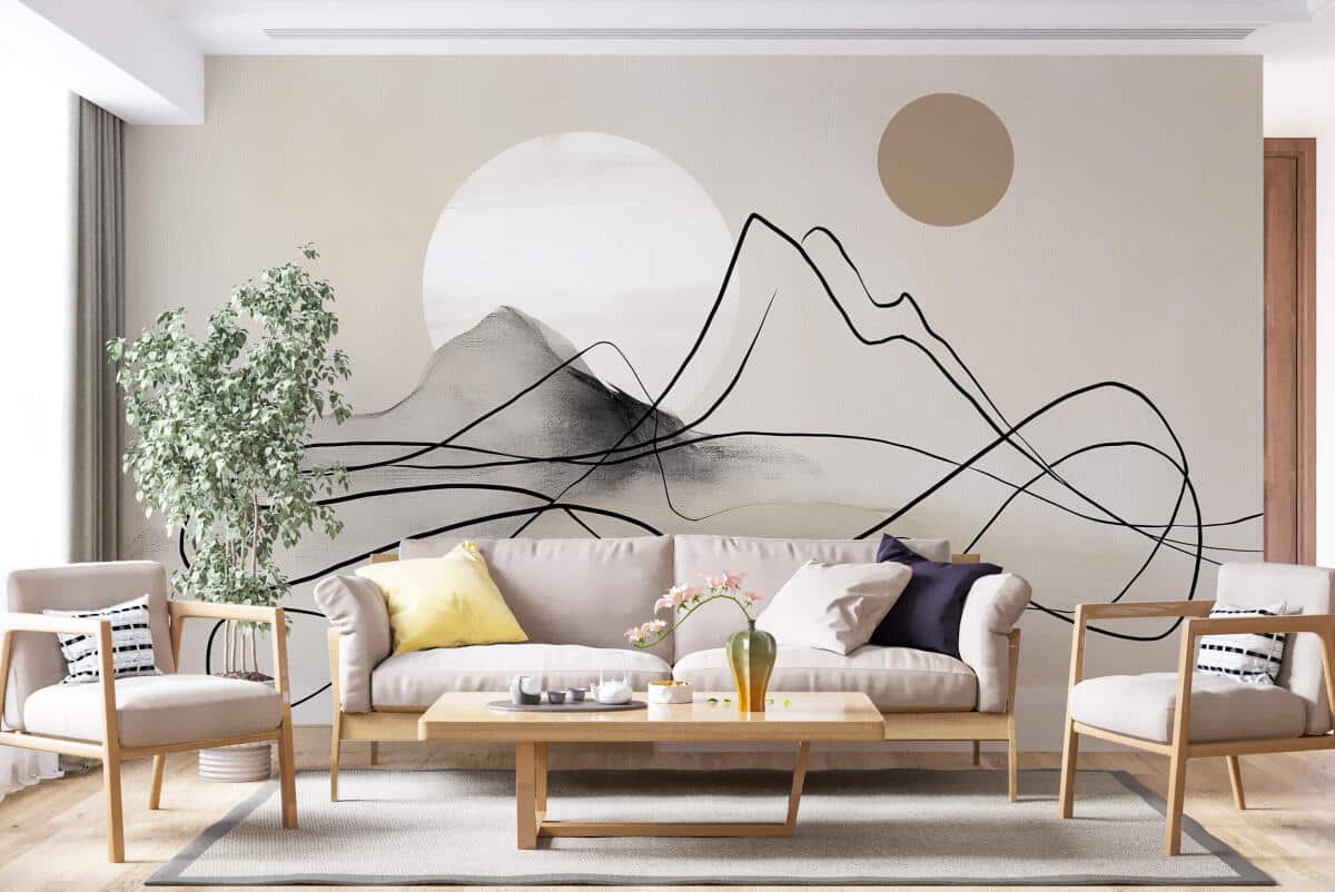 Beżowa Fototapeta do sypialni, salonu | Minimalistyczny Krajobraz- Góry Line Art 94256 - zdjęcie 1