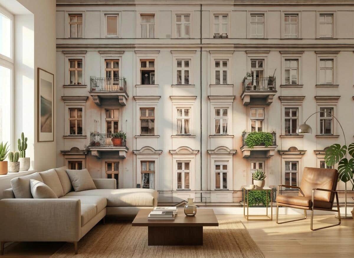 Fototapeta 3D Architektura Miejska- Beżowa Kamienica | Klimatyczna dekoracja do sypialni i gabinetu 51001 - zdjęcie 3