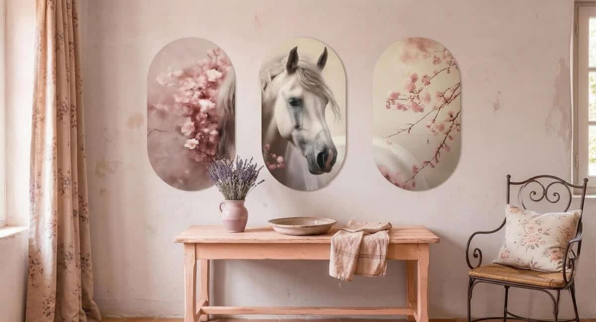 Zestaw obrazów owalnych- Biały Koń w Kwiatach Wiśni | Romantyczna dekoracja ścienna 82394 - zdjęcie 2